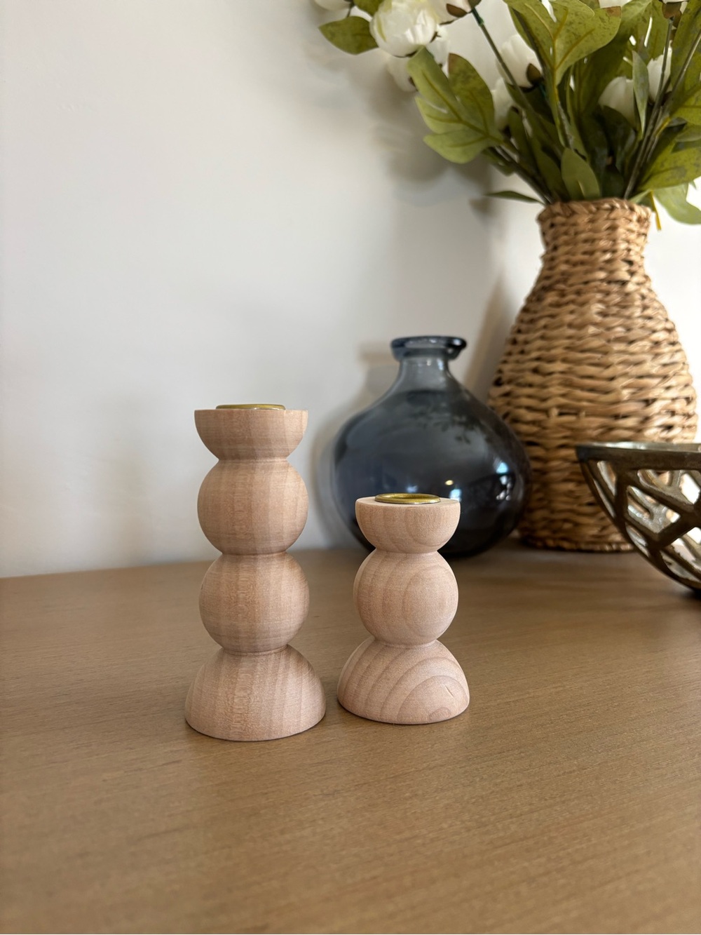 Amazon set of 2 Hand-Carved Wooden Stacked Ball Candle Holders